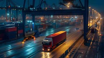 ai généré un camion bande annonce sur le jetée dans le cargaison Port Terminal avec grues et conteneurs. ai généré photo