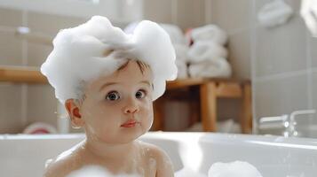 ai généré une mignonne peu enfant avec peu mousse sur le sien diriger. ai généré photo