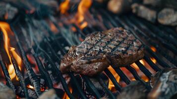 ai généré Frais juteux délicieux du boeuf steak sur une foncé Contexte. ai généré photo