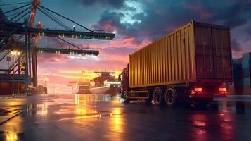 ai généré un camion bande annonce sur le jetée dans le cargaison Port Terminal avec grues et conteneurs. ai généré photo