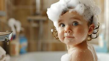 ai généré une mignonne peu enfant avec peu mousse sur le sien diriger. ai généré photo