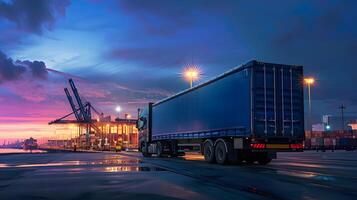 ai généré un camion bande annonce sur le jetée dans le cargaison Port Terminal avec grues et conteneurs. ai généré photo