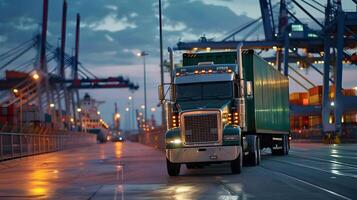 ai généré un camion bande annonce sur le jetée dans le cargaison Port Terminal avec grues et conteneurs. ai généré photo