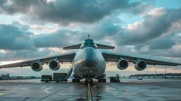 ai généré une cargaison avion à le aéroport les quais charges ou décharge cargaison. ai généré photo