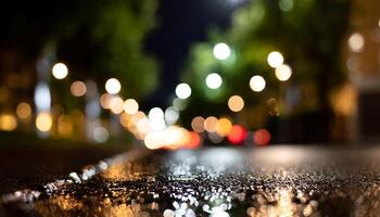 ai généré coloré bokeh photo de le route après pluie à nuit