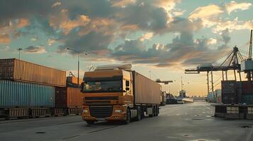 ai généré un camion bande annonce sur le jetée dans le cargaison Port Terminal avec grues et conteneurs. ai généré photo