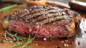 ai généré Frais juteux délicieux du boeuf steak sur une foncé Contexte. ai généré photo
