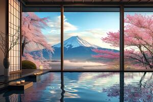 ai généré Japonais Extérieur chaud ressorts surplombant monter Fuji et Sakura arbre de luxe Hôtel pièce photo