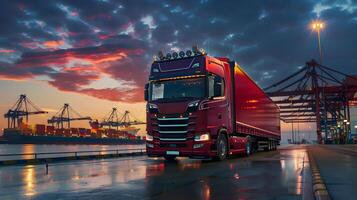 ai généré un camion bande annonce sur le jetée dans le cargaison Port Terminal avec grues et conteneurs. ai généré photo