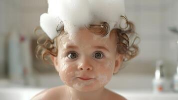 ai généré une mignonne peu enfant avec peu mousse sur le sien diriger. ai généré photo