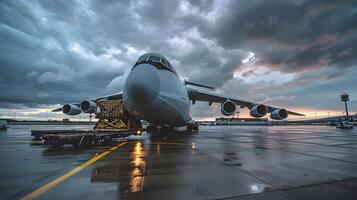 ai généré une cargaison avion à le aéroport les quais charges ou décharge cargaison. ai généré photo