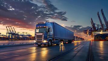 ai généré un camion bande annonce sur le jetée dans le cargaison Port Terminal avec grues et conteneurs. ai généré photo