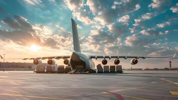 ai généré une cargaison avion à le aéroport les quais charges ou décharge cargaison. ai généré photo