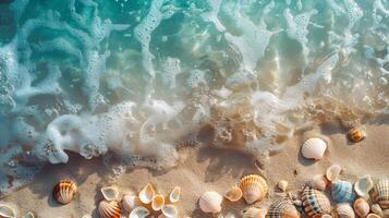 ai généré Azur côte de le océan avec paume des arbres, sable, le surf et coquilles. ai généré photo