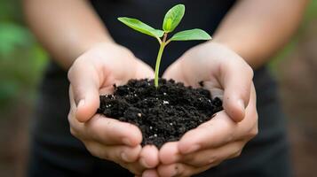 ai généré Humain paumes tenir sol avec une vert petit plante comme une concept pour affaires développement. ai généré photo