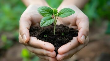 ai généré Humain paumes tenir sol avec une vert petit plante comme une concept pour affaires développement. ai généré photo