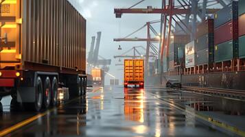 ai généré un camion bande annonce sur le jetée dans le cargaison Port Terminal avec grues et conteneurs. ai généré photo