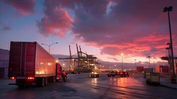 ai généré un camion bande annonce sur le jetée dans le cargaison Port Terminal avec grues et conteneurs. ai généré photo