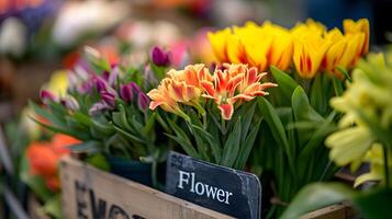 ai généré coloré tulipes afficher avec fleur signe à marché stalle photo