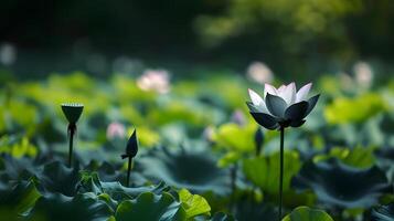 ai généré foncé lotus fleur dans plein Floraison avec bourgeon dans Contexte photo