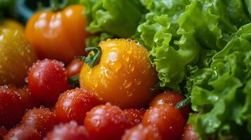 ai généré Frais couvert de rosée cloche poivrons et Cerise tomates fermer photo