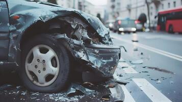 ai généré circulation accident conséquences avec endommagé voiture et rue débris photo