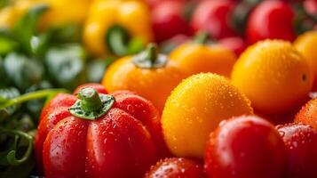 ai généré Frais couvert de rosée cloche poivrons et Cerise tomates fermer photo