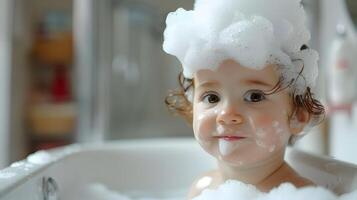 ai généré une mignonne peu enfant avec peu mousse sur le sien diriger. ai généré photo