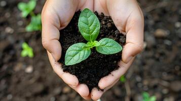 ai généré Humain paumes tenir sol avec une vert petit plante comme une concept pour affaires développement. ai généré photo