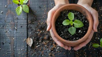 ai généré Humain paumes tenir sol avec une vert petit plante comme une concept pour affaires développement. ai généré photo