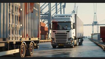 ai généré un camion bande annonce sur le jetée dans le cargaison Port Terminal avec grues et conteneurs. ai généré photo