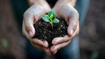 ai généré Humain paumes tenir sol avec une vert petit plante comme une concept pour affaires développement. ai généré photo