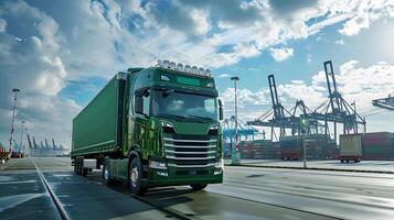 ai généré un camion bande annonce sur le jetée dans le cargaison Port Terminal avec grues et conteneurs. ai généré photo