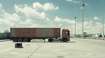 ai généré un camion bande annonce sur le jetée dans le cargaison Port Terminal avec grues et conteneurs. ai généré photo