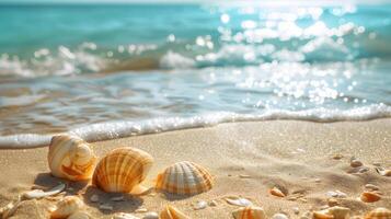 ai généré Azur côte de le océan avec paume des arbres, sable, le surf et coquilles. ai généré photo