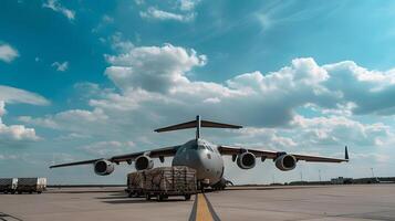 ai généré une cargaison avion à le aéroport les quais charges ou décharge cargaison. ai généré photo