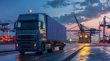 ai généré un camion bande annonce sur le jetée dans le cargaison Port Terminal avec grues et conteneurs. ai généré photo