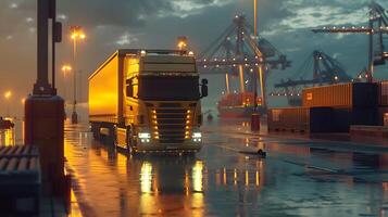 ai généré un camion bande annonce sur le jetée dans le cargaison Port Terminal avec grues et conteneurs. ai généré photo