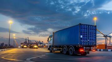 ai généré un camion bande annonce sur le jetée dans le cargaison Port Terminal avec grues et conteneurs. ai généré photo