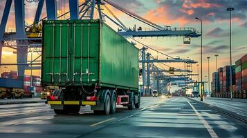 ai généré un camion bande annonce sur le jetée dans le cargaison Port Terminal avec grues et conteneurs. ai généré photo