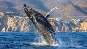 ai généré sauter à bosse baleine plus de l'eau. photo