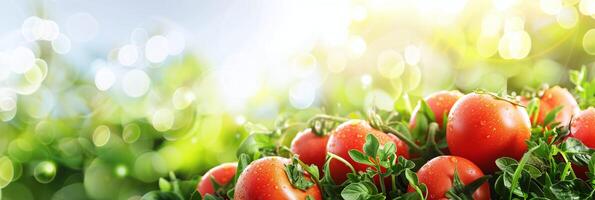 ai généré bannière Frais jardin tomates avec l'eau gouttelettes sur vibrant vert toile de fond pour en bonne santé, biologique nourriture thèmes photo