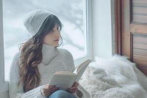 ai généré magnifique caucasien fille en train de lire livre à l'intérieur pendant hiver saison photo