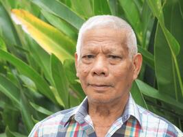 portrait de une Sénior asiatique homme souriant et à la recherche à le caméra tandis que permanent dans une jardin. espace pour texte. concept de vieilli gens et soins de santé photo