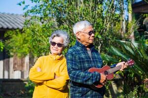 portrait de une romantique personnes âgées couple en jouant le ukulélé tandis que permanent dans une jardin. espace pour texte. concept de vieilli gens et soins de santé photo