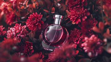 ai généré parfum bouteille dans fleurs, fragrance sur épanouissement arrière-plan, floral parfum et cosmétique produit photo