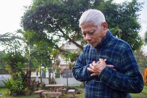 personnes âgées asiatique homme agrippant le sien poitrine dans douleur tandis que permanent dans une jardin. le premier signe de une cœur attaque. concept de vieilli gens et soins de santé photo