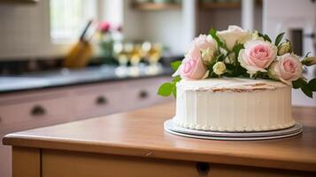 ai généré fait maison anniversaire gâteau dans le Anglais campagne loger, chalet cuisine nourriture et vacances cuisson recette photo