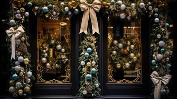 ai généré Noël décoration détails sur Anglais stylé luxe haute rue ville boutique porte ou achats fenêtre afficher, vacances vente et magasin décor photo