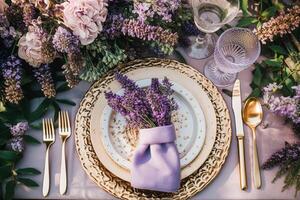 ai généré mariage paysage de table, élégant formel dîner table paramètre, table scape avec lavande décoration pour vacances fête un événement fête, génératif ai photo